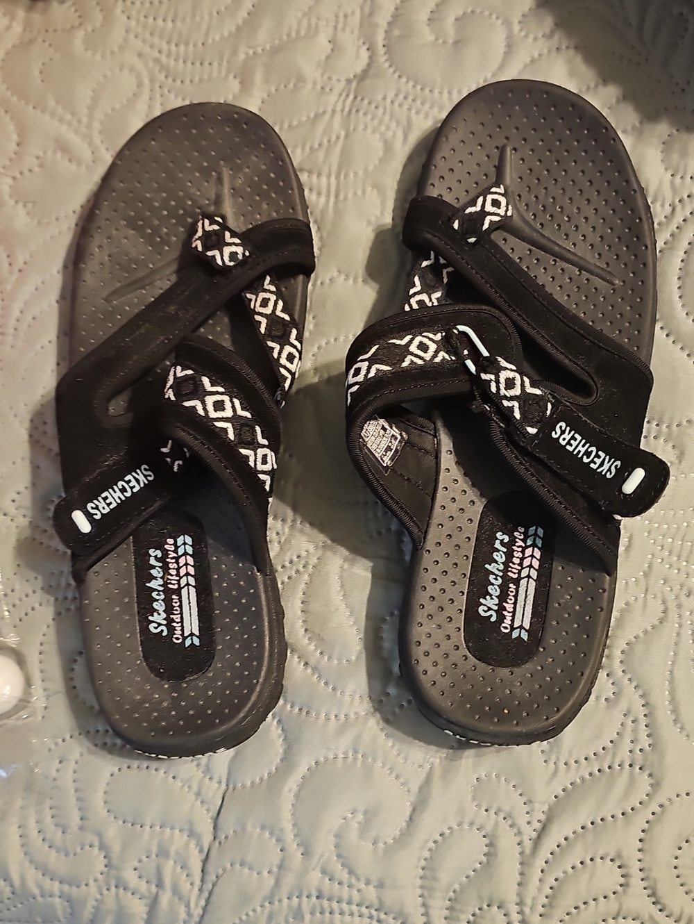 Skechers Black and White Geometric Slide Sandals
